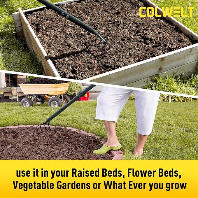 Colwelt 4 Tines Garden Cultivator Rake 59'', Hand Tiller Garden Tool with Sharp Forged Steel Head, 4 Tine Cultivators for Gardening with Long Handle, 4 Prong Rake for Digging Loosening Weeding
