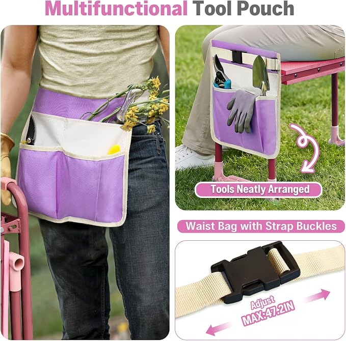 Garden Kneeler and Seat Heavy Duty, Foldable Gardening Stool Bench with Widened Thick Soft Kneeling Pad and Tool Pouches - 2-in-1 Portable Kneeling Device for Seniors (Purple)