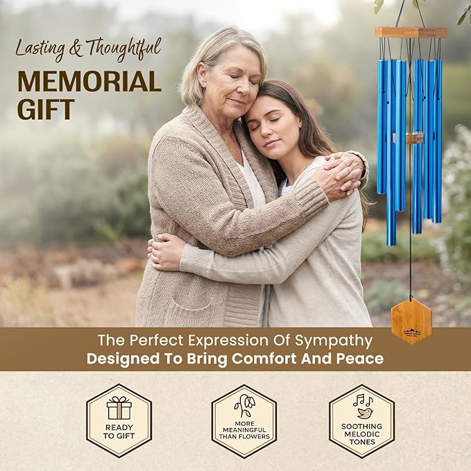 Blue Wind Chimes for Outside, 29 Inch Hand Tuned G Major Pentatonic Wind Chime, Memorial Sympathy Gift for Loss of Loved One, Deep Tone Aluminum Bamboo Garden Patio Porch Decor