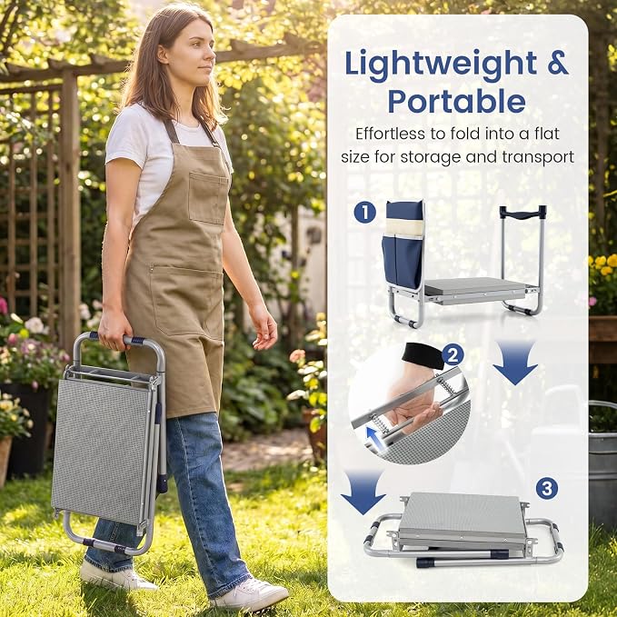 Giantex Garden Kneeler and Seat, Foldable Gardening Stool w/Wide EVA Foam Padding, Tool Pouch, Heavy-Duty Kneeling Bench for Knee & Back Pain Relief, Gardening Kit for Seniors Women Men (Navy)