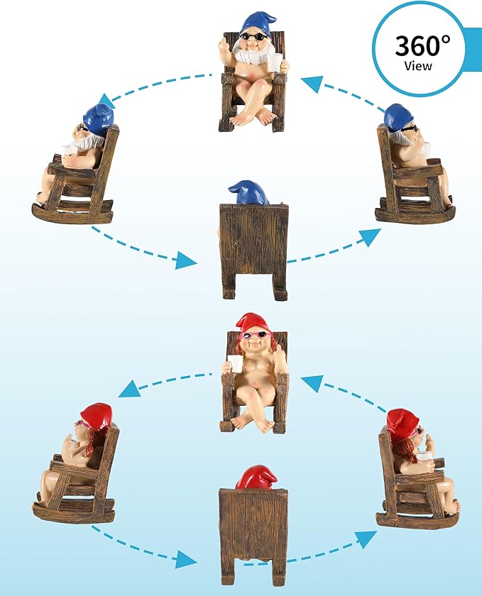 iStatue Funny Gnomes in Rocking Chair - 2 Pack Resin Middle Finger Decor Collectible Naked Gnome Figurines - Naughty Gifts for Garden, Home and Office