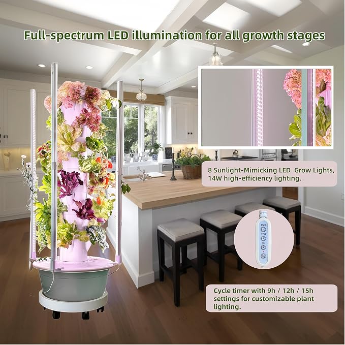 Hydroponic Growing Tower with LED Lights, 8-Layer 32 Large Planting Sites, Automatic Watering System with Dual Timer, Indoor Vertical Garden for Tomatoes, Peppers, Cucumbers, Herbs and Vegetables