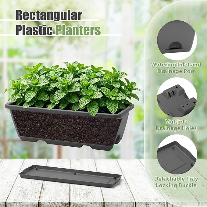 Sunexinlo 4-Pack Railing Planter Boxes with Double-Sided Adjustable Brackets, Plastic Rectangular Flower Boxes with Drainage Holes and Trays for Outdoor Balcony, Deck, Patio, Porch, Fence, Gray