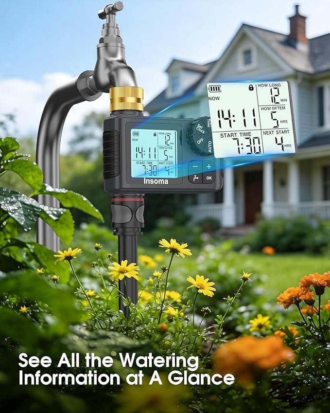 Water Timer for Garden Hose with Brass Inlet, 1 Outlet Sprinkler Timer with Auto/Manual/Rain Delay Mode, Large LCD Display, Easy Programming Hose Timers for Lawn Garden Yard Vacation Watering