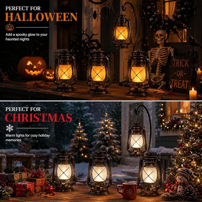 Rechargeable LED Lanterns 4 Pack, USB Charging Vintage Bronze Camping Lamps with Flickering Flame, Remote Control 4 Modes Hanging Lights for Patio Garden Porch Backyard Indoor Outdoor Halloween Decor