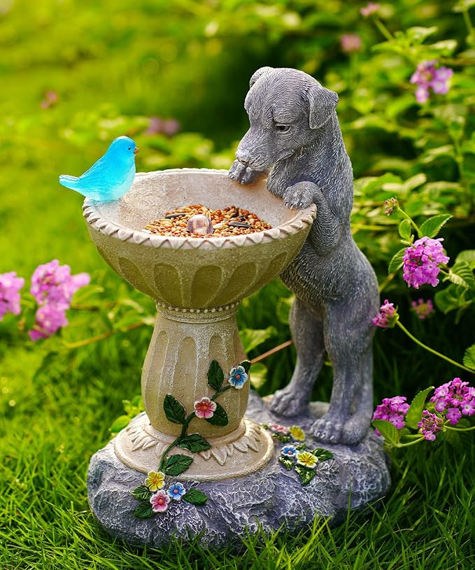 Nacome Solar Dog Statue for Garden Decor: IP65 Weatherproof Resin with Automatic Lighting - No Installation- Outdoor Yard Patio Balcony Art - Birthday Gifts for Bird Lovers Mom Grandma Women