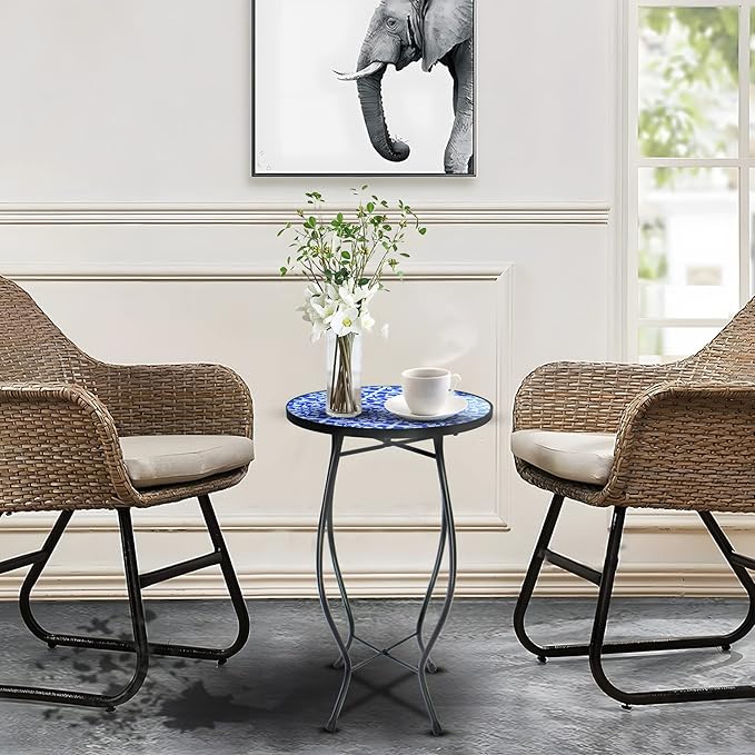Arbuxzuy 2PCS 12 Inch Small Outdoor Side Table with Blue-White Mosaic, Glass Mosaic Patio Table Indoor, Round Plant Coffee Table for Living Room, Balcony, Garden