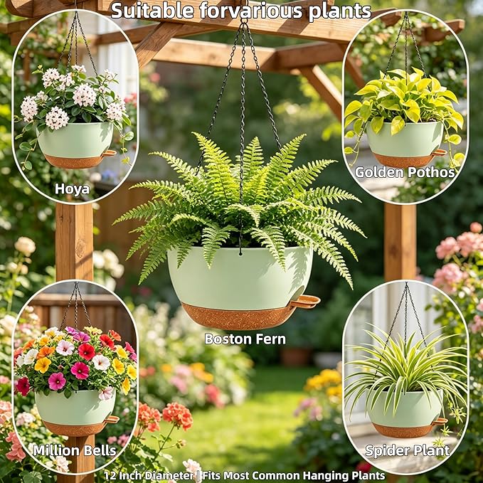 2 Pack 12" Self Watering Hanging Planters, Green Brown with Chains | Plastic hanging baskets with 43 Oz removable reservoir, for indoor outdoor plants, patio porch garden balcony decor