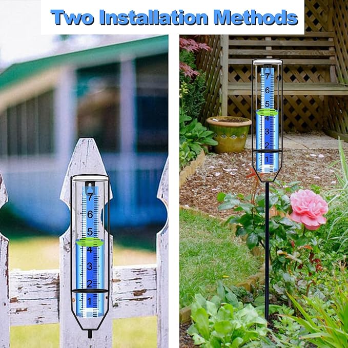 Rain Gauge Outdoor with Large Easy-Read Numbers | Freeze-Resistant Plastic Rain Gauge with Floating Marker, Stake or Hang Installation | 7" Rain Measuring Tool for Garden Yard Fence Farm