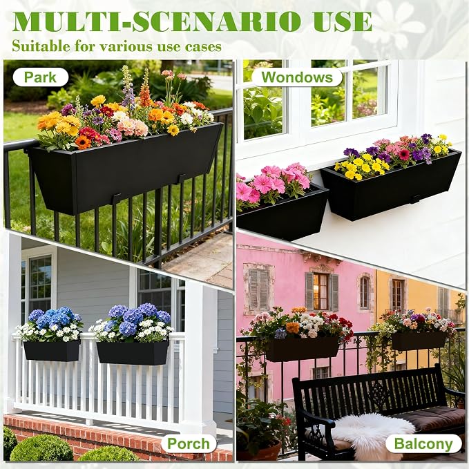 Railing Planter Box Metal Hanging Planter for Outdoor Balcony Heavy-Duty Window Planter Box with Adjustable Brackets 2PCS