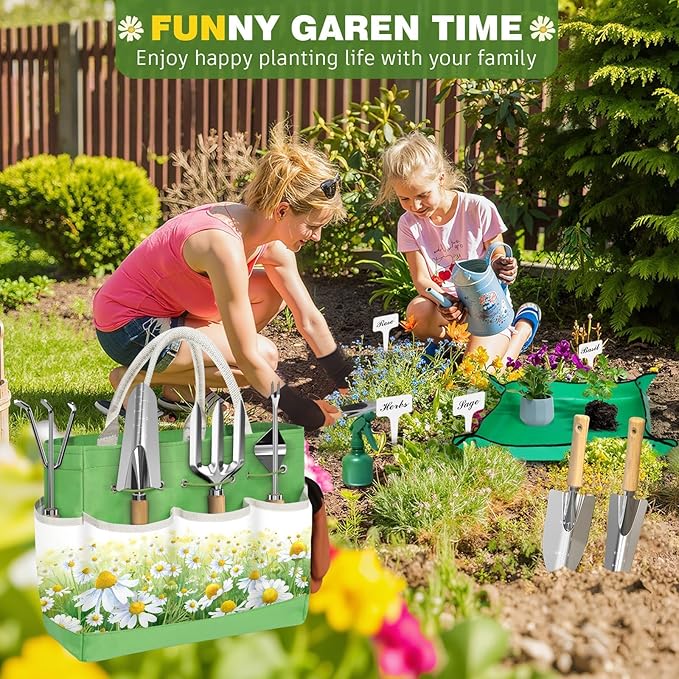 22Pcs Garden Tools Set for Women,Heavy Duty Hand Tool Kit,Birthday Gifts for Mom Wife Grandma Beginner,Gardening Essentials with Large Tote Bag/Repotting Mat/Trowel/Rake/Pruner/Gloves/Plant Tags-Green