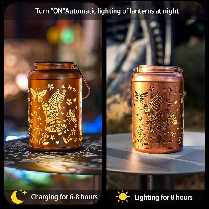 Fairy Solar Lanterns Outdoor Waterproof,Hanging Butterfly Lights Mothers Day Gifts for Women Mom Grandma Hollow Out Metal Lantern Decorative Summer Garden Decor for Patio,Yard,Porch,Pathway