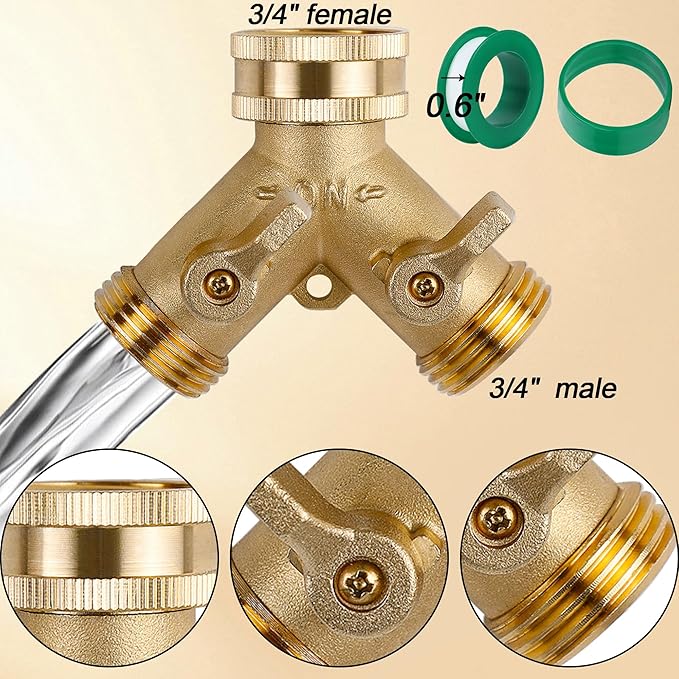 Triumpeek 2-Pack Brass Garden Hose Splitter, 3/4 Inch 2-Way Y Shaped Water Faucet Adapter with Dual Shut-Off Valves, Leak-Proof Design, Includes 4 O-Ring Washers & 1 Tape