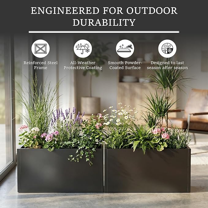 Rustproof Metal Planter Box 32 Inch Outdoor, Galvanized Steel Raised Garden Bed with Drainage Holes, Large Deep Rectangular Planter for Patio Balcony Porch Backyard