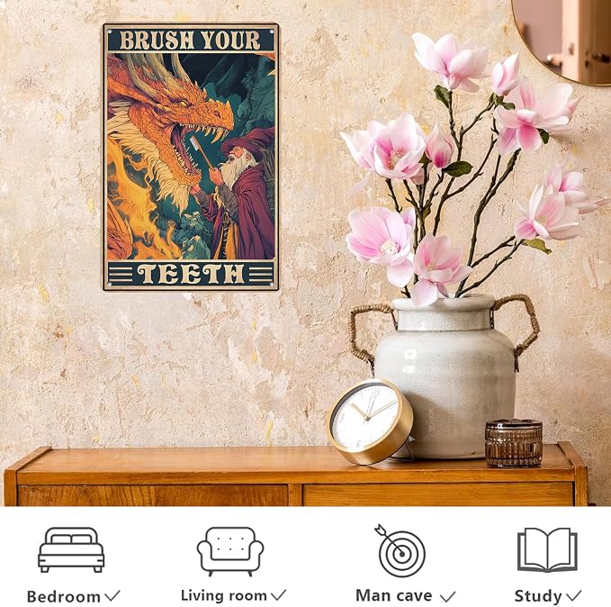 Metal Dragon Tin Signs Brush Your Teeth Retro Vintage Sign Funny Bathroom Wall Decor for Toilet for Bathroom Door Restroom 8x12Inch