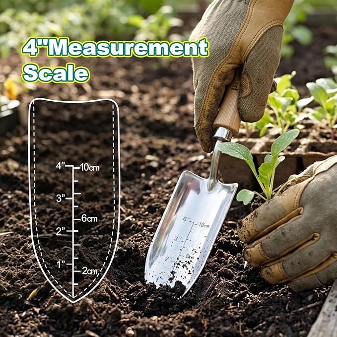 Berry&Bird 4" Measuring Transplanting Trowel, Stainless Steel Garden Hand Shovel with Ash Wood Handle & Leather Hanging Loop, Heavy Duty Gardening Tool for Digging, Planting, Potting & Loosening Soil