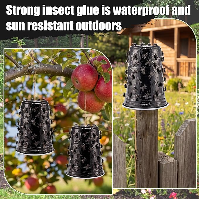 Insect Trap Sticky Coating with Brush and 12 Pcs Plastic Cups, 8 oz Insect Barrier Kit Outdoor DIY Adhesive Coating Pests for Gardens Greenhouses Orchards Plants(Biting Fly Trap Kit)