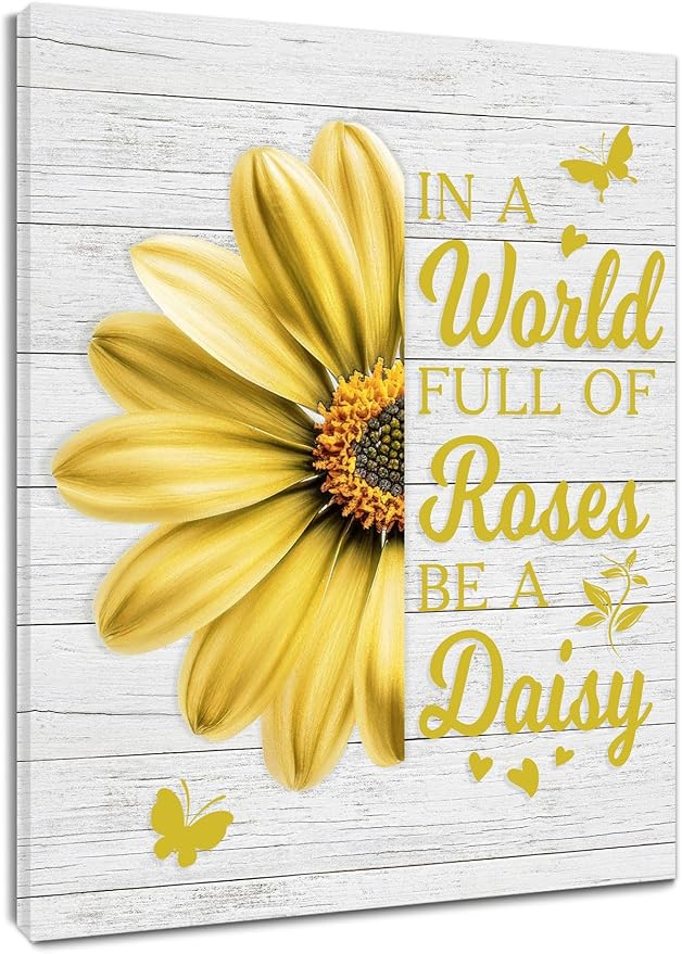 LB Yellow Daisy Floral Canvas Wall Art Farmhouse Flower Funny Inspirational Quote Framed Art Prints Rustic Butterfly Wall Decor for Bedroom Living Room Bathroom Kitchen Home Office,20Lx16W inch