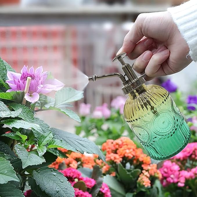 Glass Plant Mister Spray Bottle, 350ML Vintage Plant Spritzer with Top Pump Watering Can for Indoor Outdoor House Plants,Flowers (Gold-Green)