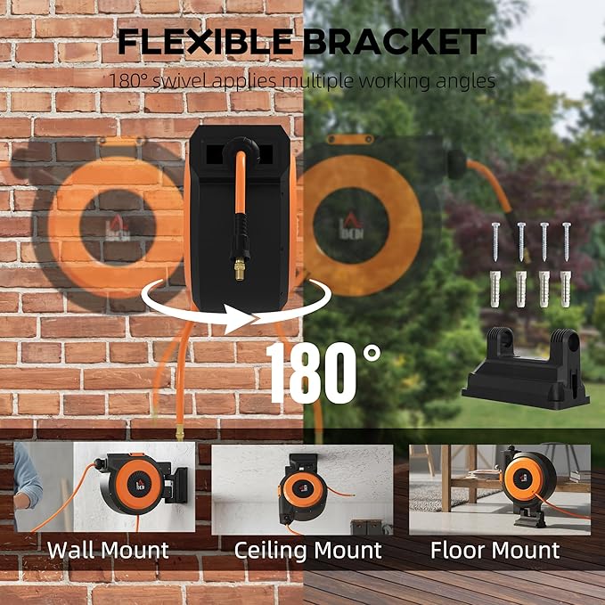 HOMCOM Retractable Air Hose Reel, Wall Mounted Air Compressor Hose Reel with Swivel Bracket, Auto Rewind, 3/8 in x 82 ft, 6.6 ft Lead in, 300 PSI, Air Coupler, Black and Orange