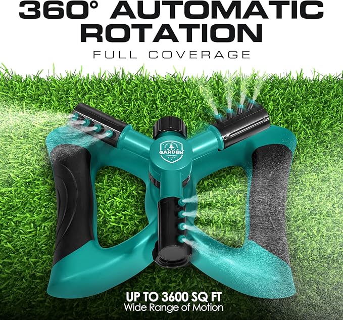 Joeys Sprinkler for Yard, Rotating Garden Sprinkler with 3 Adjustable Arms, Weighted Base, Expandable Connection, Lawn and Yard Sprinklers (Green)