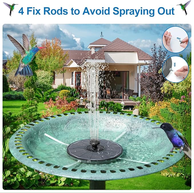 3.5W Solar Fountain with 2000mAh Battery - Work On Cloudy Days - Upgrade Glass Panel Solar Bird Bath Fountain, Hummingbird Water Feature Pump with 7 Nozzles, 4 Fixed Pipes for Garden, Pool