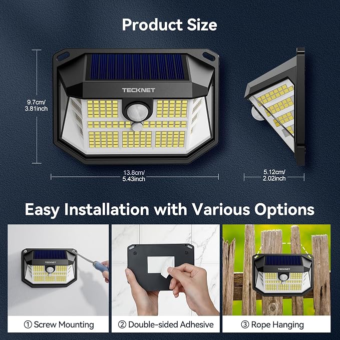 TECKNET 231 LED Solar Motion Lights Outdoor, 300° Angle & 3 Lighting Modes, PIR Motion Sensor & IP65 Security Solar Wall Lights for Fence Front Door Yard Deck Garden Garage(4 Pack)