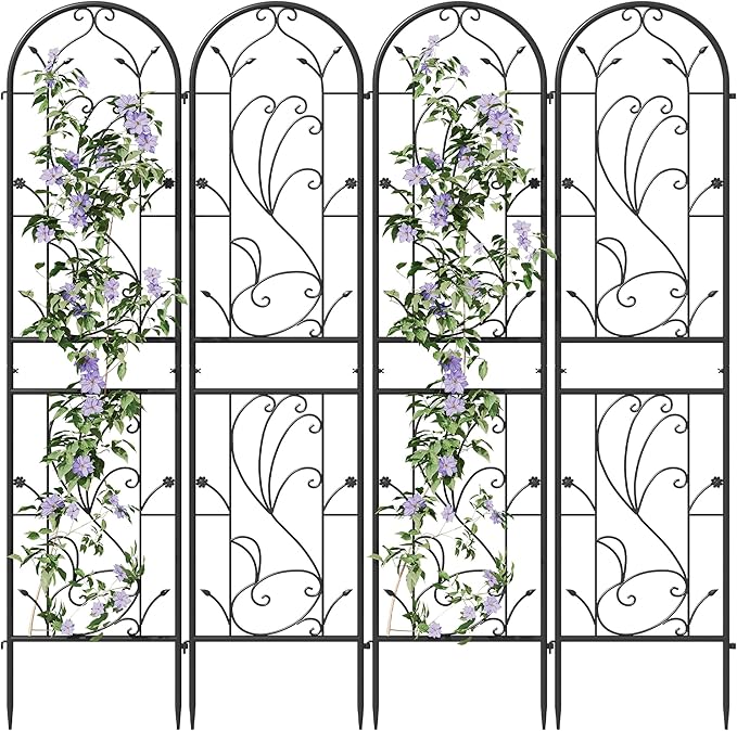 4 Pack 87x20in Garden Trellises, Sunflower Black Metal Coated Rustproof Trellis for Climbing Plants Outdoor, Roses, Vegetables, Vines, Cucumbers