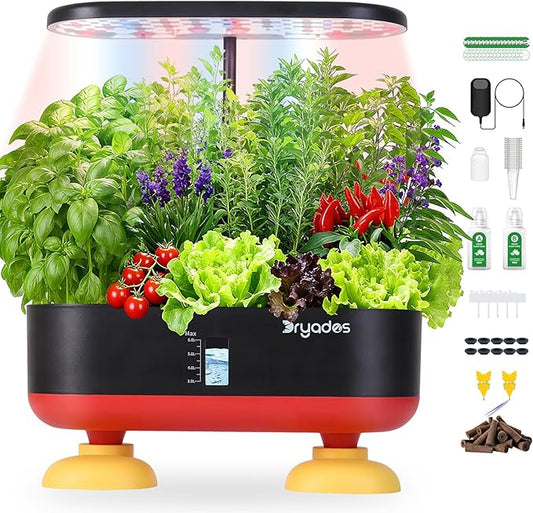 16 Pods Hydroponic Growing System, Indoor Garden with 24W Full-Spectrum LED, Smart Quiet Auto-Watering Herb Planter, Classic Red-Black Gift Design for Home, Office & Holiday