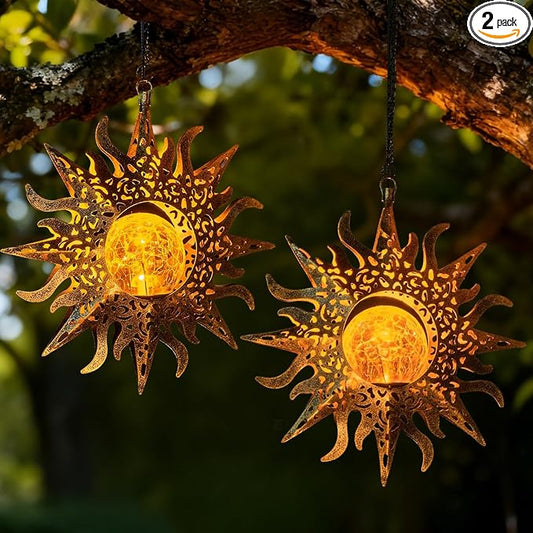 2 Pack Garden Decor Hanging Lanterns Outdoor Waterproof,Solar Lights Metal Sun Gifts Decoration for Yard Clearance Front Porch Lawn Driveway Patio Backyard Pathway Gardening Gift
