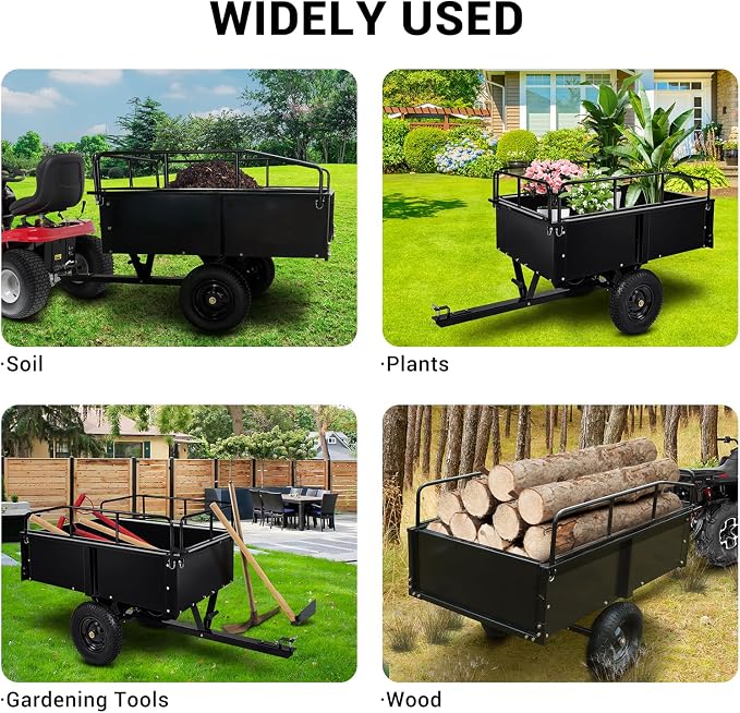 GarveeLife 750 LBS Garden Utility Trailer, 15 Cubic Feet Heavy Duty Steel Dump Cart Feetwith Removable Sides,Hand Pull or Foot Pedal Garden Cart for ATV, UTV, Lawn Mowers and Tractors