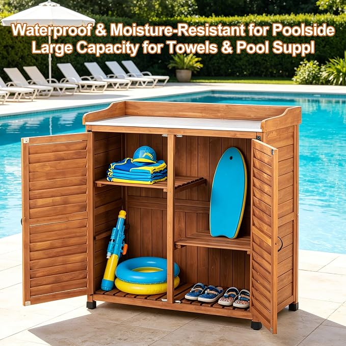 Outdoor Potting Bench with Metal Work Top,Waterproof Garden Storage Cabinet,Wooden Tool Station Shed for Backyard,Patio,Lawn Gardening