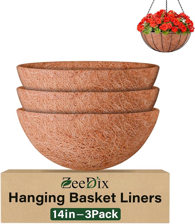 ZeeDix 3 Pack 14 Inch Coconut Liners for Planters, Round Hanging Basket Liners Natural Coco Coir Replacement Liner for Flowers Vegetables Patio Porch Garden Decor