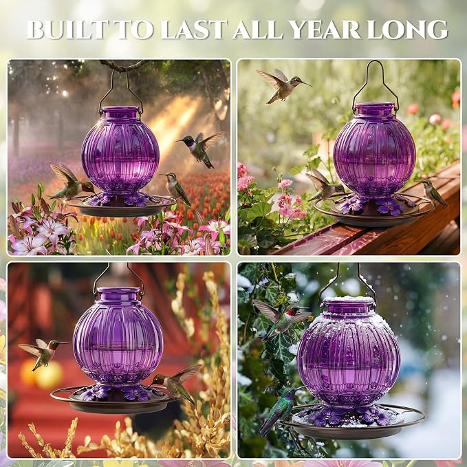 2 Pack Glass Hummingbird Feeder for Outdoors Hanging, Bird Nectar Feeder with Perch & 5 Flower Feeding Ports, 26 Oz Leak Proof for Outside Garden Decor Backyard, Gifts for Women Mom, Red + Purple