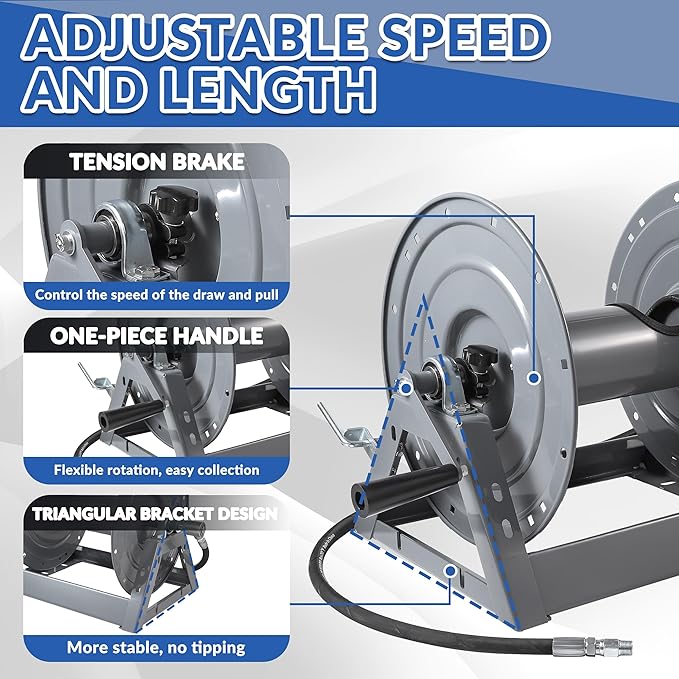 FIXFANS Pressure Washer Hose Reel, 300FT x 3/8" Heavy Duty Hose Reel, Manual Crank Power Washer Hose Reel with M22 Fitting, Wall/Floor/Truck Mounted, 4000 PSI
