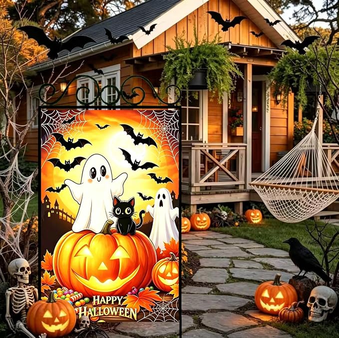 Large Halloween Garden Flags for Outside 28 x 40 Double Sided, Burlap Halloween House Flag, Large Outdoor Yard Flags Ghost Black Cat Decorations for Farmhouse Patio Front Door Porch Garden Décor