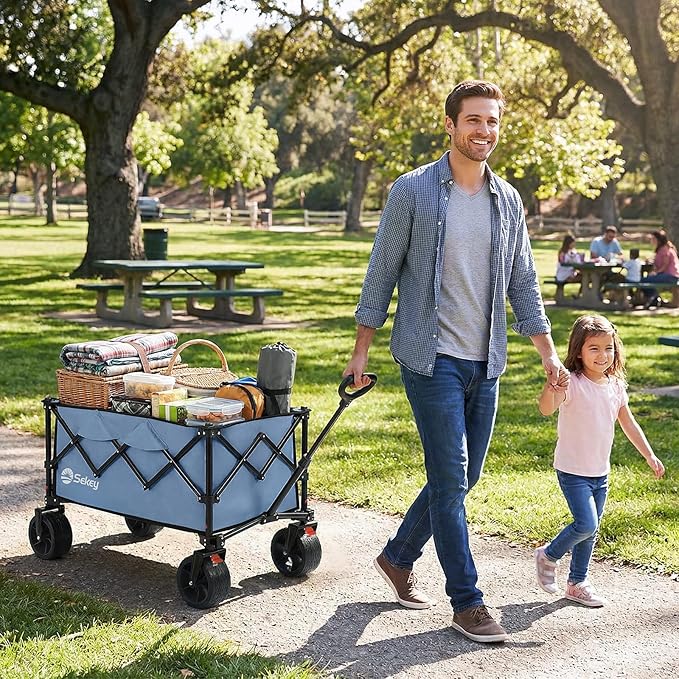 Sekey 150L Wagons Carts Foldable with Big All-Terrian Beach Wheels, Collapsible Heavy DutyWagon, Extra Large Folding Wagon,Foldable Wagon for Camping, Garden, Sports. Blue