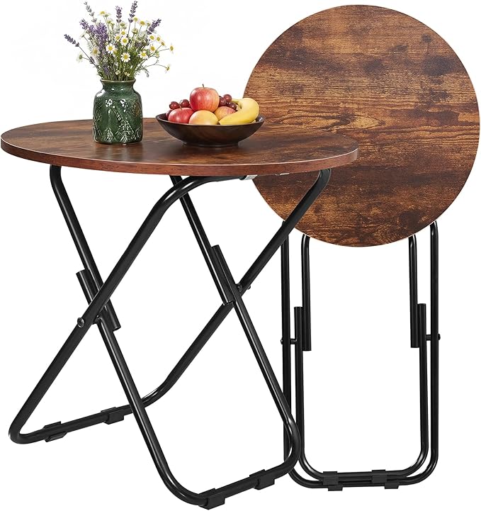 VECELO Patio Outdoor Side Table,17.7 inch Small Folding Table Round Waterproof Wood Table, Foldable Anti-Rust Metal Legs Snack Desk for Garden Balcony,Yard,Living Room