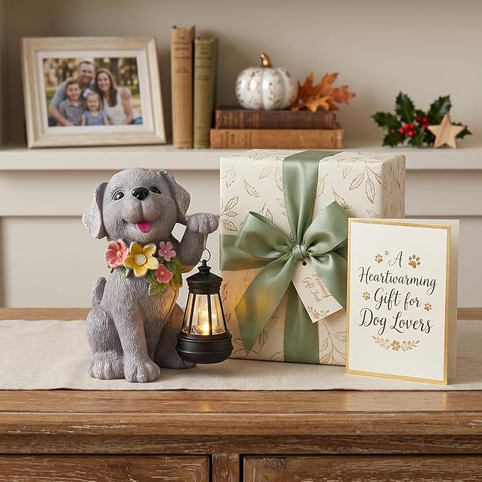 Dog Solar Light, Solar Dogs Statues Outdoor with Lantern, Cute Dogs Garden Figurines for Patio and Yard Decor, Gardening Gifts for Mom, Grandma, Dog Lovers