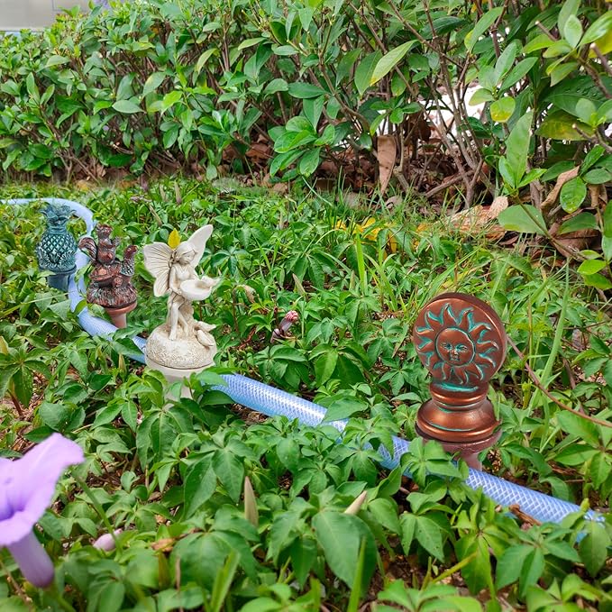 Hose Guides for Garden, 3Pcs Garden Hose Guide Stake Decorative with Roller, Hose Guide Spike Plant Protector Lawn Hose Support Spikes for Outside Lawn Yard(bud, fairy, Sun God)