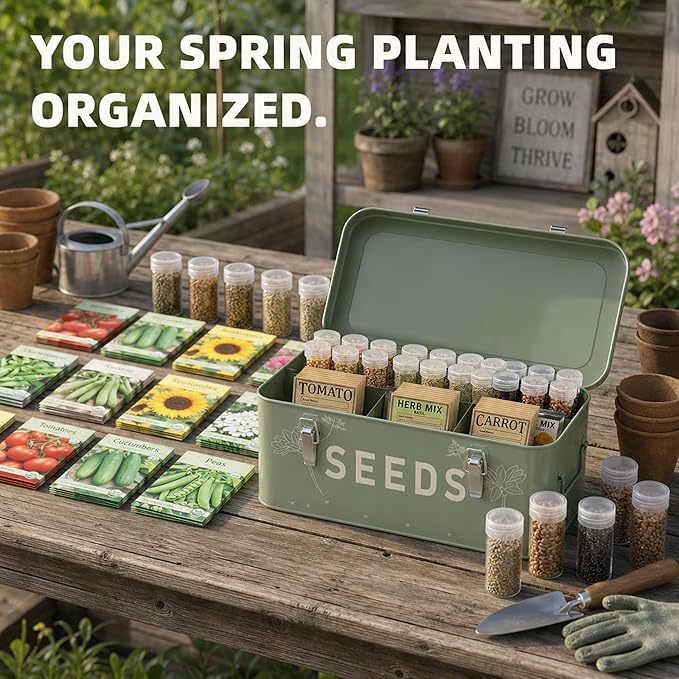 Orionstar Metal Seed Storage Organizer Kit with 30 Bottles & Envelopes, 4 Compartment Locking Box for Gardening Heirloom Flower Vegetable Preservation, Vintage Dark Green Gardener Gift