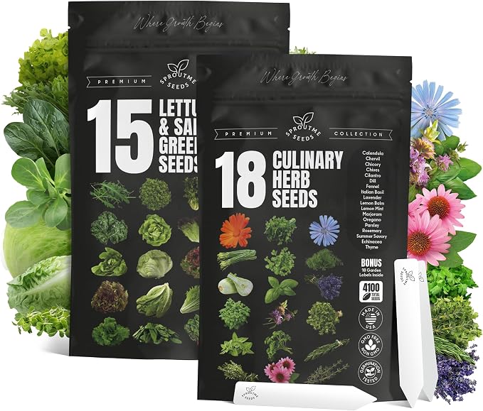 15 Lettuce & Salad Greens & 18 Culinary Herb Seeds Variety Pack Bundle 11200+ Non-GMO Heirloom Garden Seeds for Planting Herbs and Greens
