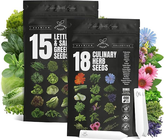 15 Lettuce & Salad Greens & 18 Culinary Herb Seeds Variety Pack Bundle 11200+ Non-GMO Heirloom Garden Seeds for Planting Herbs and Greens