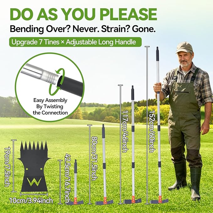Weed Puller Tool with Long Handle, 60" Stand Up Manual Weed Remover Tool, 7-Tine Heavy Duty 2-in-1 Weed Rake&Garden Hoe for Gardening, Uprooting Weeding Pull Tool for Yard Lawn Patio Garden Flower Bed