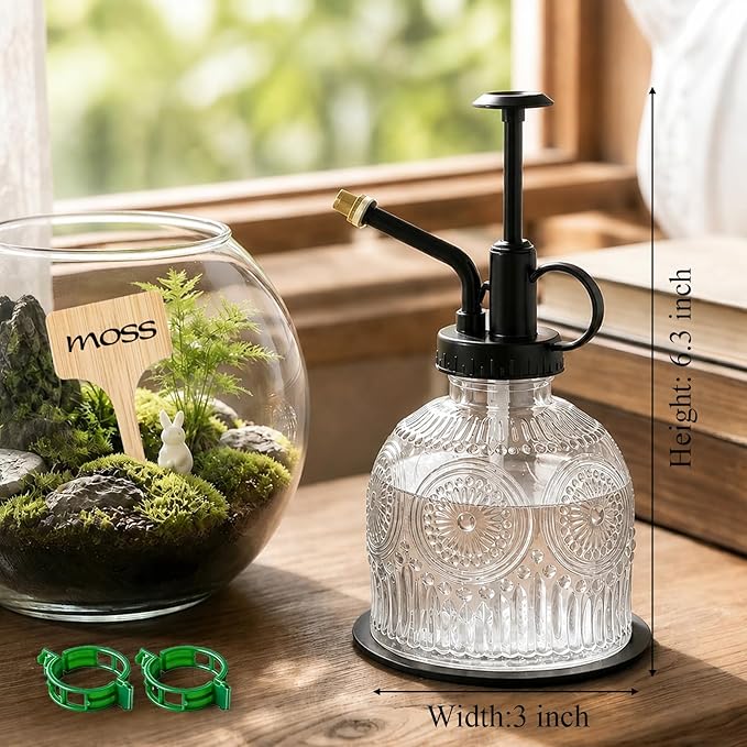 Amolliar Glass Plant Mister Spray Bottle, Vintage Refillable Leak Proof Watering Can for Indoor Plants, Houseplants, Gardening, Cleaning, Hair & Pet Care with Mist Nozzle (Clear-Black Pump)