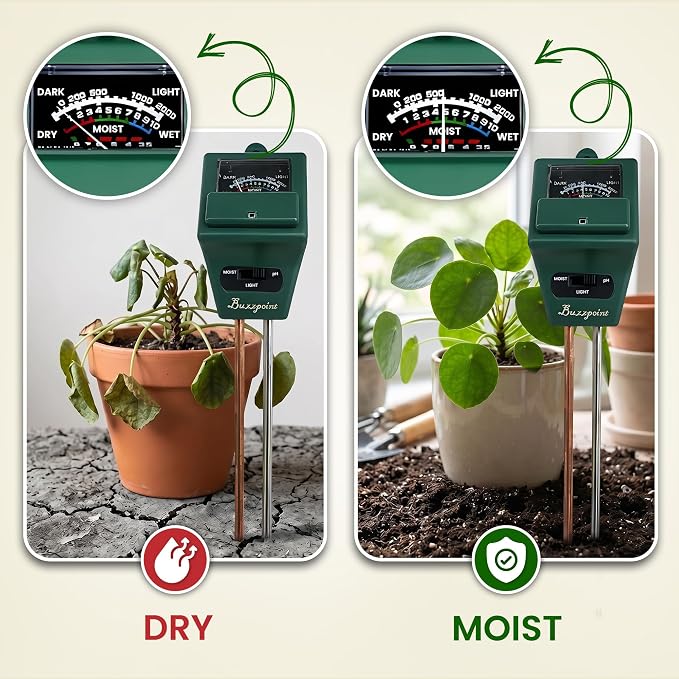 3-in-1 Soil Tester for Moisture, pH & Light – Battery-Free Analog Plant Care Meter with Stainless Steel Probe – for Indoor & Outdoor Gardening, Lawn & Garden Plants