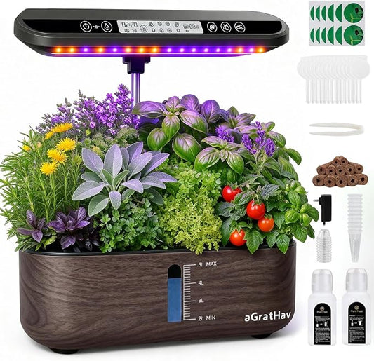 Hydroponics Growing System Kit, Indoor Herb Garden, 14 Pods Upgraded LCD Display, LED Grow Light Quiet Smart Water Pump Automatic Timer, Hydroponic Planter for Home Kitchen Office (Black)
