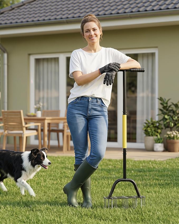 Manual Lawn Aerator with Double-Layer Spring, Heavy Duty Garden Soil Loosener Tool, Spike Aeration Tool with T-Handle and Large Foot Plate for Lawn, Yard, Garden Soil