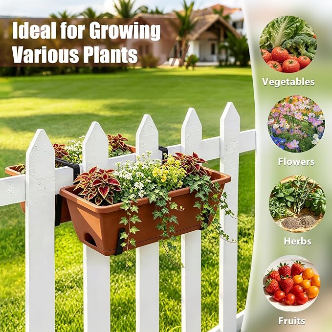 Sunexinlo 4-Pack Railing Planter Boxes with Double-Sided Adjustable Brackets, Plastic Rectangular Flower Boxes with Drainage Holes and Trays for Outdoor Balcony, Deck, Patio, Porch, Fence, Brick Red