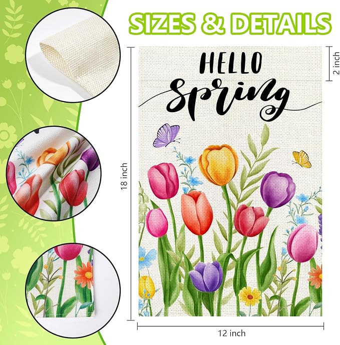 Hello Spring Garden Flag 12x18 Inch, Double Sided Colorful Tulips Flag, Seasonal Flower Yard Outdoor Decoration